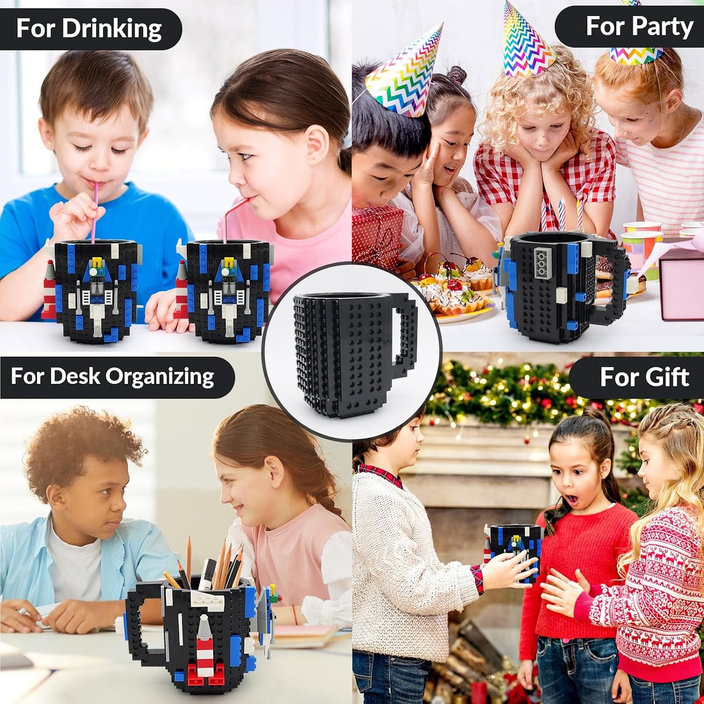 Lumsburry Build-on Brick Coffee Mug, Funny DIY Unique Novelty Drinking Cup | Building Blocks Creative Mug, for Men Women Kids Dad Mom, Present Exchange Ideas, Xmas Birthday White Elephant(Black)
