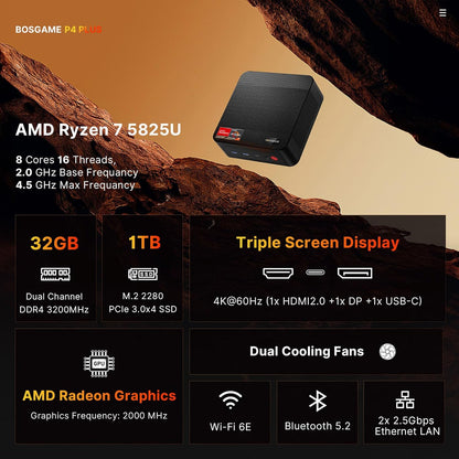BOSGAME Mini PC AMD Ryzen 7 5825U, 16GB DDR4 RAM 512GB PCIe SSD, Mini Desktop Computer Support Dual LAN 2.5GbE, Triple 4K Display, WiFi 6E, BT 5.2 for Office