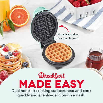 Dash Mini Maker: The Mini Waffle Maker Machine for Individual Waffles, Paninis, Hash browns, & other on the go Breakfast, Lunch, or Snacks - Aqua, 4"