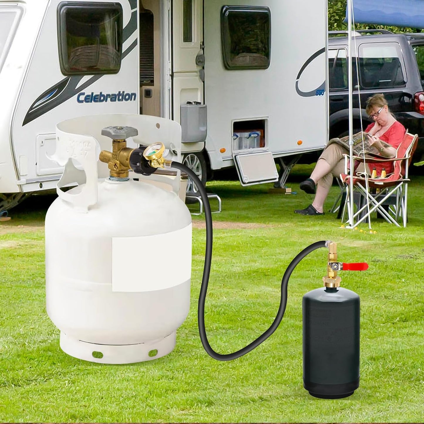 Propane Refill Adapter 20lb to 1lb Camping, Upgrade 3FT/36inch Propane Tank Refill Adapter Hose with Guage and ON-Off Control Valve, 2 Bottle Caps Included (PVC)