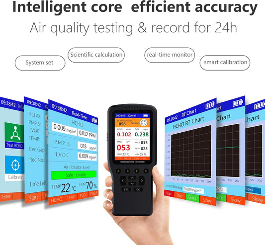 Air Quality Tester, 8 in 1 Air Quality Monitor Indoor，Formaldehyde Detector, voc Meter, Detect Indoor HCHO,TVOC,AQI,PM2.5,PM10,PM1.0,Temperature and Humidity Tester (Black)