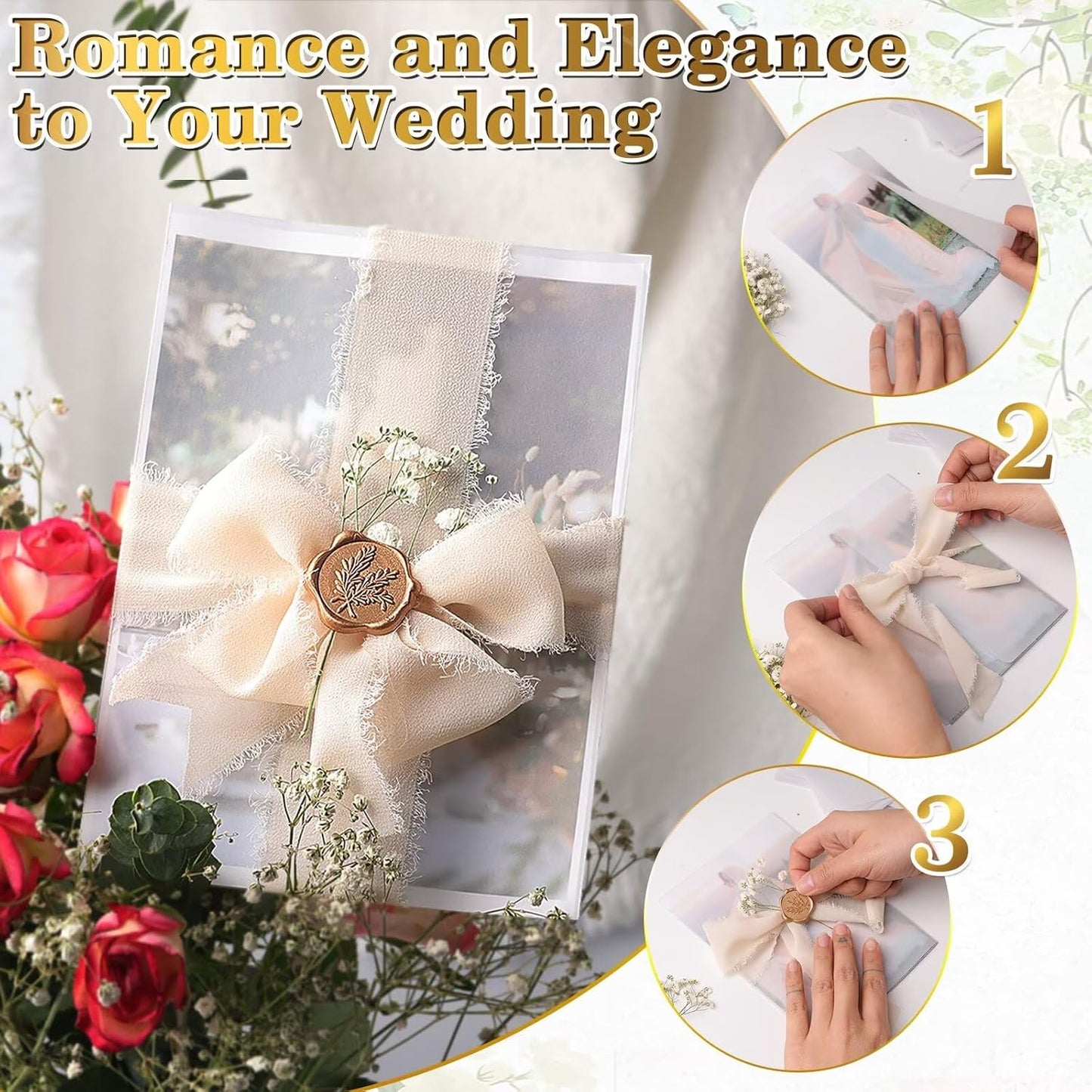 50 Sets Wedding Invitation Wrap Kit for 5x7 Invitations – Pre-Folded Vellum Jackets, 12 Rolls Chiffon Ribbon, Dried Gypsophila & Wax Seal Stickers – Elegant DIY Wedding Supplies