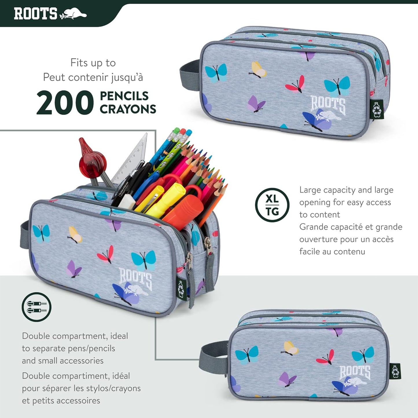 Roots Essential 3-in-1 Matching Water Resistant Kids Backpack and Lunch Bag Set with Bonus Pencil Case - Made From 100% Recycled Fabrics - 22.5 litres, Purple Pink Polka Dot