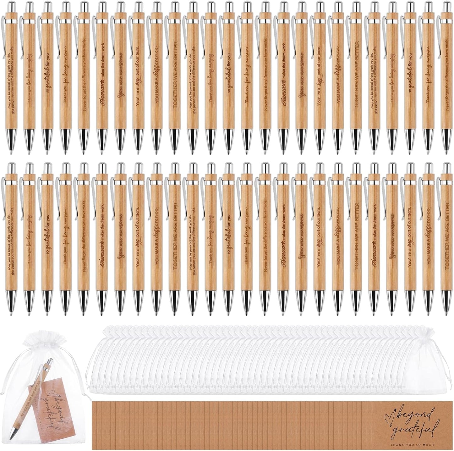 160Pcs Employee Appreciation Gifts Thank You Bamboo Pens Inspirational Ballpoint Pen Motivational Quotes Pens with Organza Bags and Thank You Cards Encouraging Pen Thank You Gift for Teacher Colleague