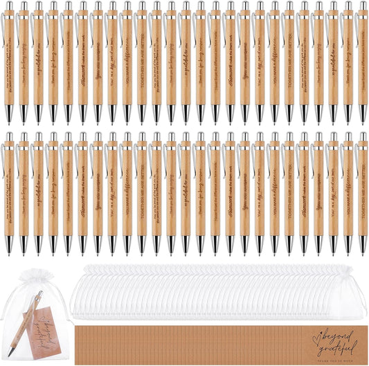 160Pcs Employee Appreciation Gifts Thank You Bamboo Pens Inspirational Ballpoint Pen Motivational Quotes Pens with Organza Bags and Thank You Cards Encouraging Pen Thank You Gift for Teacher Colleague