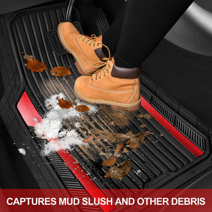 CAR PASS Heavy Duty Rubber Car Mats Metallic, Aluminum Film All Weather Floor Mats Waterproof Universal Trim to Fit Automotive SUV Sedan Van 4 Piece Anodized Deep Dish Two-Tone Sporty Black Red Chrome