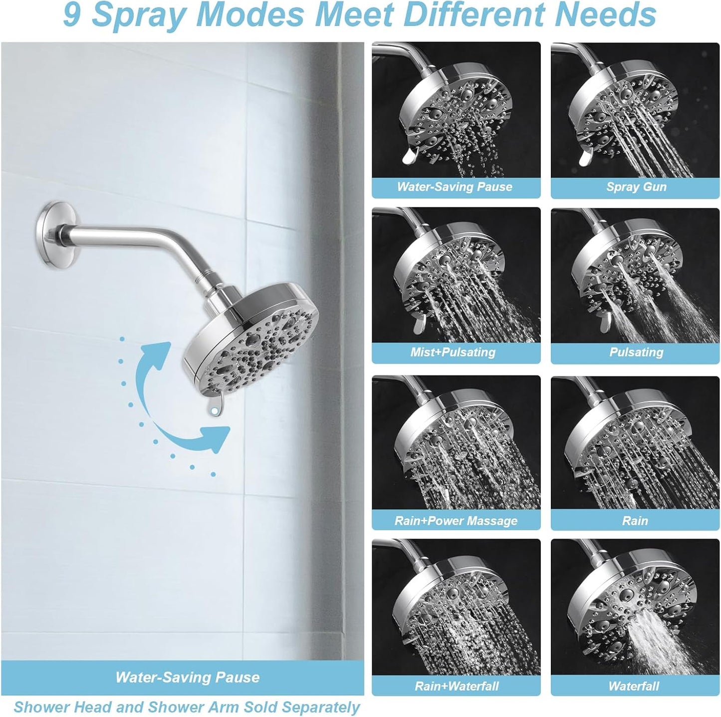 OFFO Shower Head, High Pressure Shower Head with Pause Mode, 9 Mode Fixed Showerheads for Strong Water Flow & Relaxing Shower Experience,Brushed Nickel