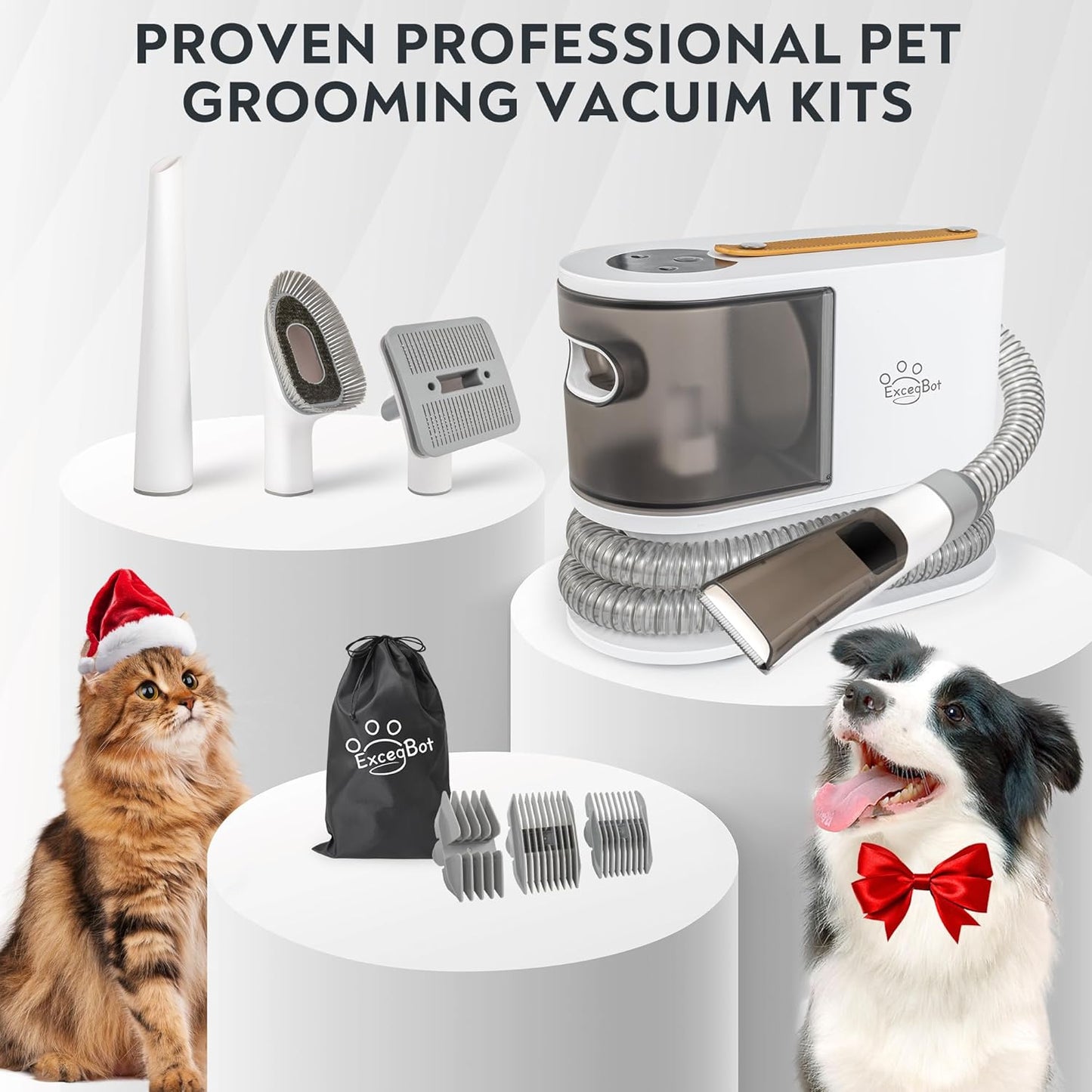 Excegbot Dog Grooming Vacuum, 12kPa Low Noise Pet Hair Vacuum with 2L Dust Cup – 99% Hair Removal for Dogs & Cats, Includes 5 Proven Grooming Tools for Home Cleaning