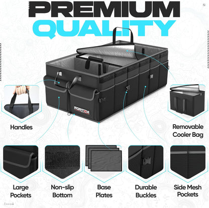 FORTEM Car Trunk Organizer, Collapsible Multi Compartment Car Organizer, Foldable SUV Storage for Car Accessories for Women Men, Non Slip Bottom, Securing Straps, Soft Cover 50L (Black, Standard)