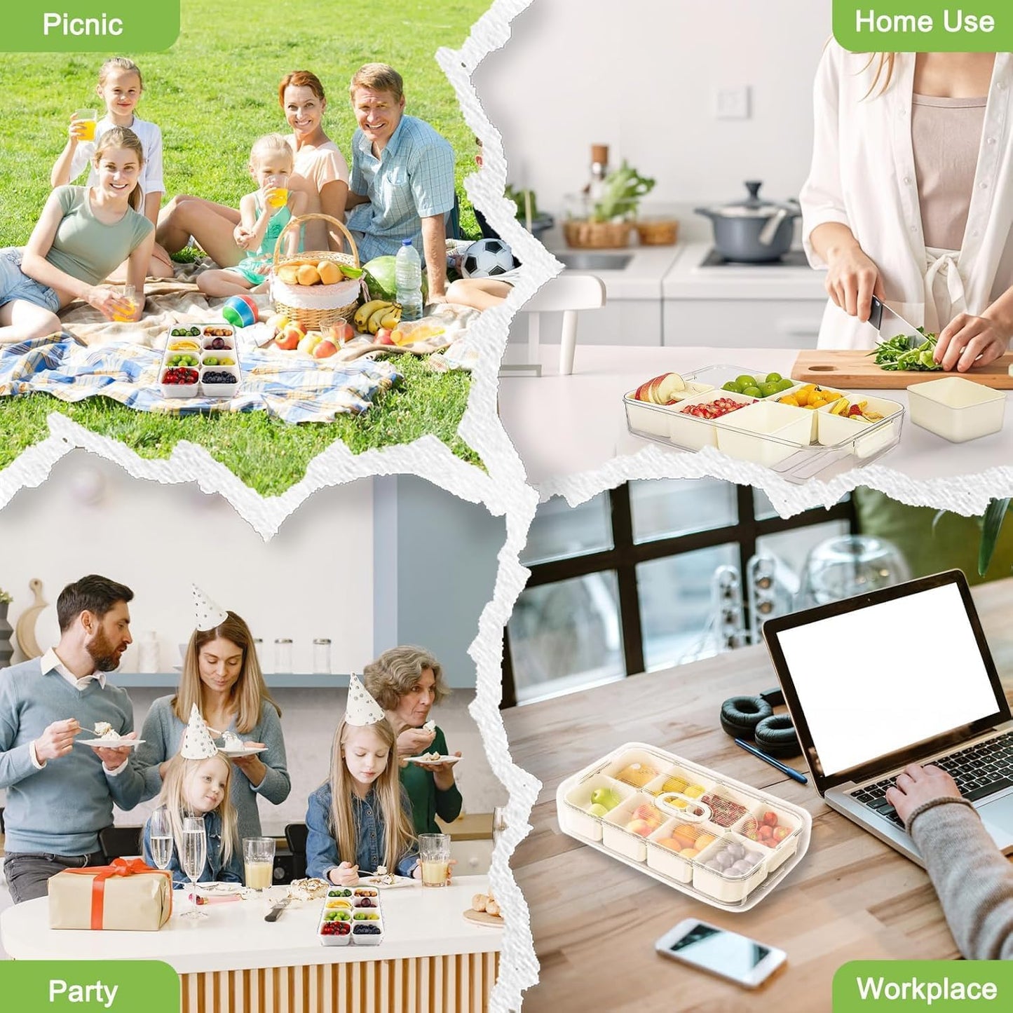 Divided Serving Tray with Lid & Handle, Snack Box with 8 Compartments, Snack Tray, Food Storage Container for Travel, Party & Picnic, Clear Organizer for Veggie, Candy, Fruit, Nut