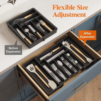 Lifewit Cutlery Organizer, Expandable Utensil Organizer for Kitchen, Utensil Holder, Adjustable Cutlery Rack Organizer for Spoons, Knives, Kitchen Organizers and Storage, Black