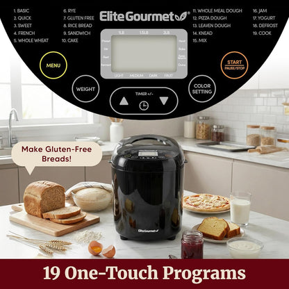Elite Gourmet Programmable Bread Maker, 2 lb Loaf, 3 Sizes, 19 Presets incl. Gluten-Free, Dough & Jam, Delay Timer, Black
