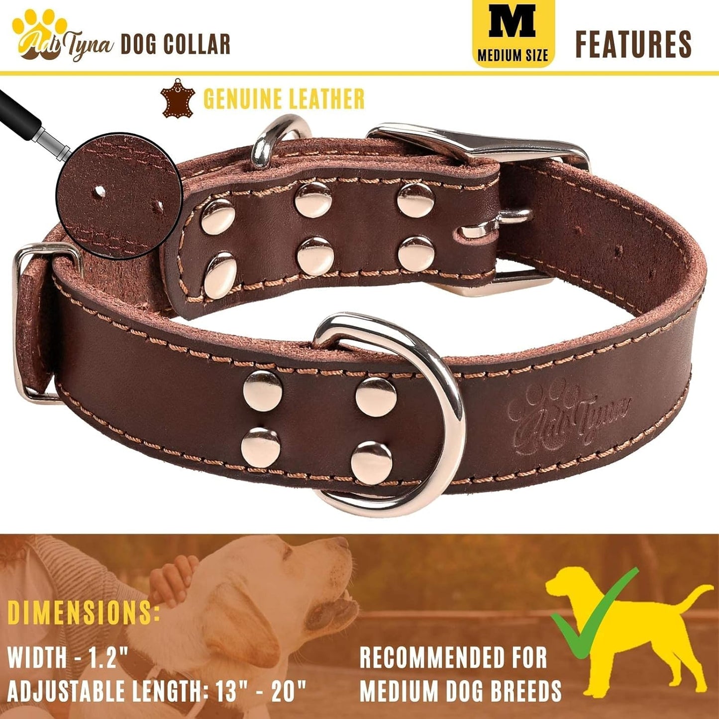 ADITYNA Heavy-Duty Leather Dog Collar for Medium Dogs - Soft and Strong, 100% Genuine Leather - Collier Pour Chien (Medium: Fit 13" - 20" Neck, Brown)
