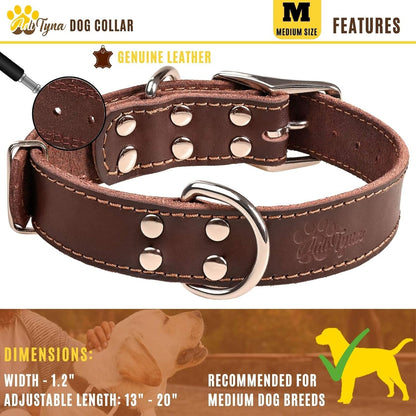 ADITYNA Heavy-Duty Leather Dog Collar for Medium Dogs - Soft and Strong, 100% Genuine Leather - Collier Pour Chien (Medium: Fit 13" - 20" Neck, Brown)