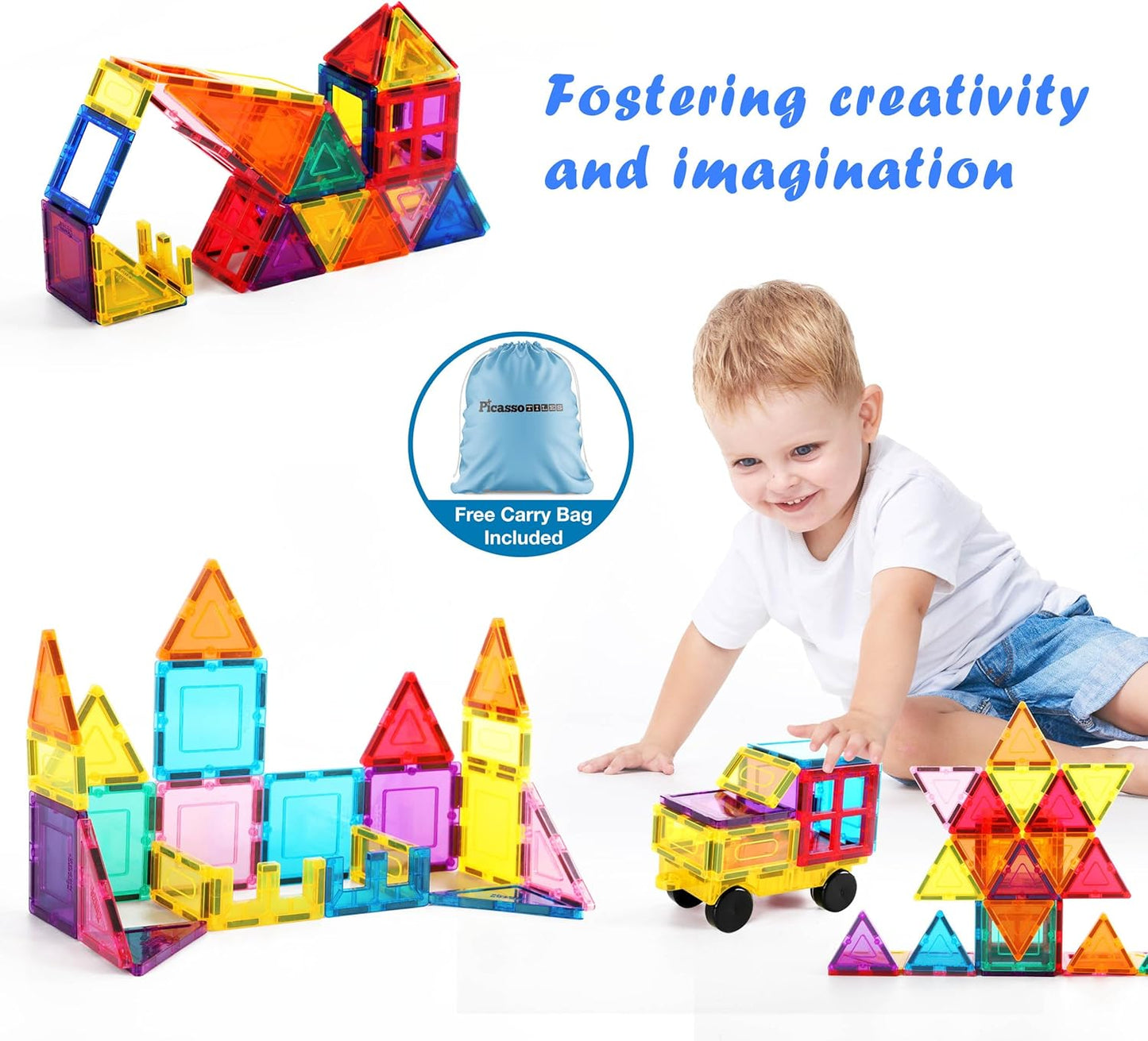 PicassoTiles 100 Piece Set 100pcs Magnet Building Tiles Clear Magnetic 3D Building Blocks Construction Playboards, Creativity beyond Imagination, Inspirational, Recreational, Educational Conventional