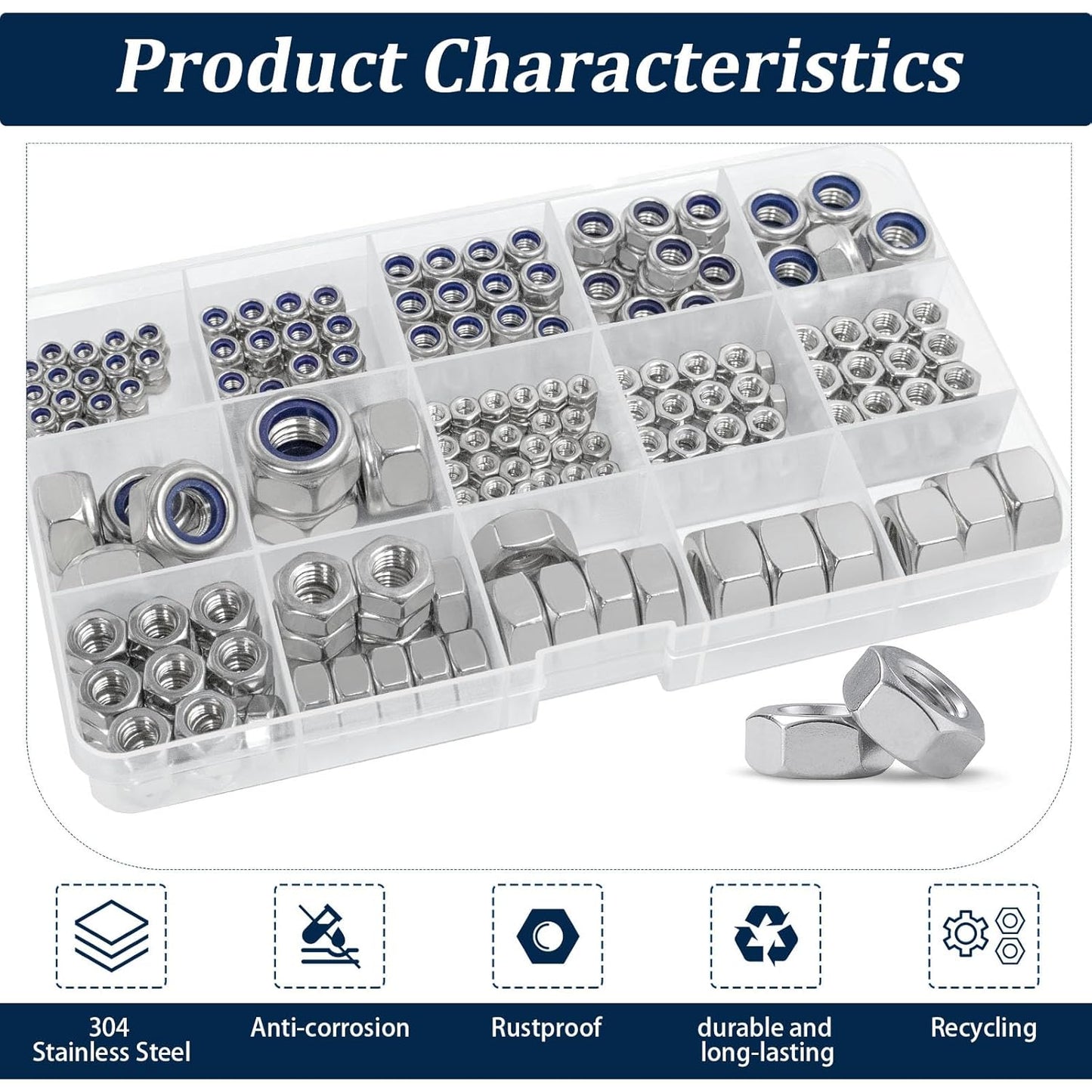 Vifmy 110 Pack 1/4"-20 Inch Lock Nuts,304 (A2-70) Stainless Steel Nylon Insert Locknuts,Standard Inch Thread Nylock Nuts for Bolts