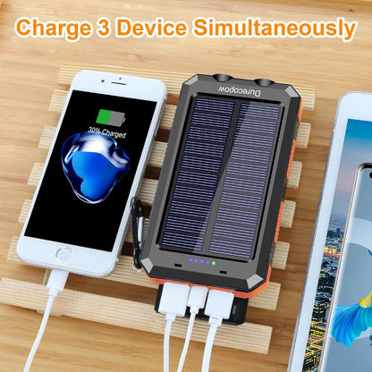 Solar Charger Power Bank, 20000mAh Portable Outdoor Waterproof Solar Battery Charger, Camping External Backup Battery Pack USB C Ports Input/Output, 2 Led Light Flashlight with Compass (Orange)