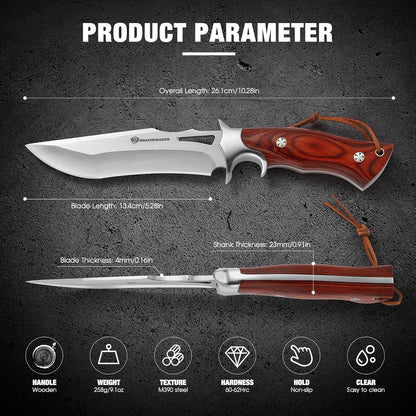 DRACHENADER Fixed Blade Knife with Leather Sheath, Full Tang Survival Knife, M390 Steel Hunting and Camping Outdoor Survival and Bushcraft