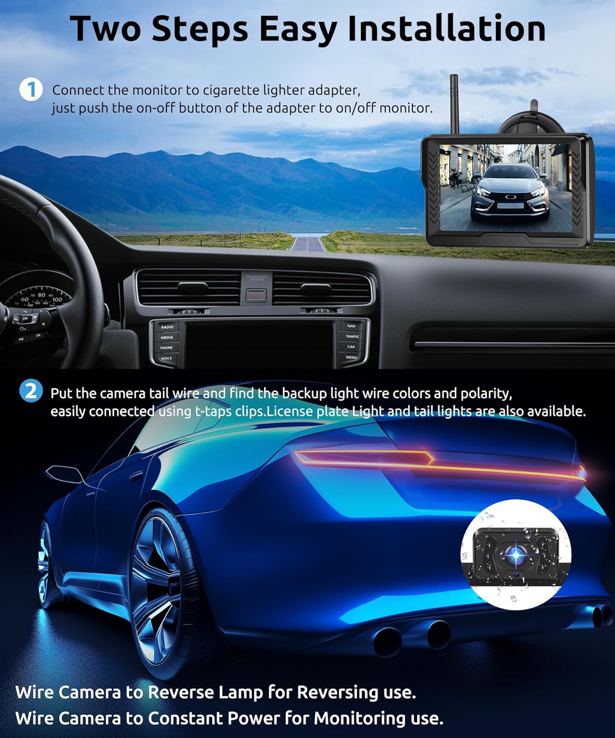 Podofo Wireless Backup Camera 4.3 inch Monitor Wireless Digital Signal AHD Waterproof Night Vision Trailer License Plate Rear View Camera System for Car SUV Truck Pickup,Easy to Install