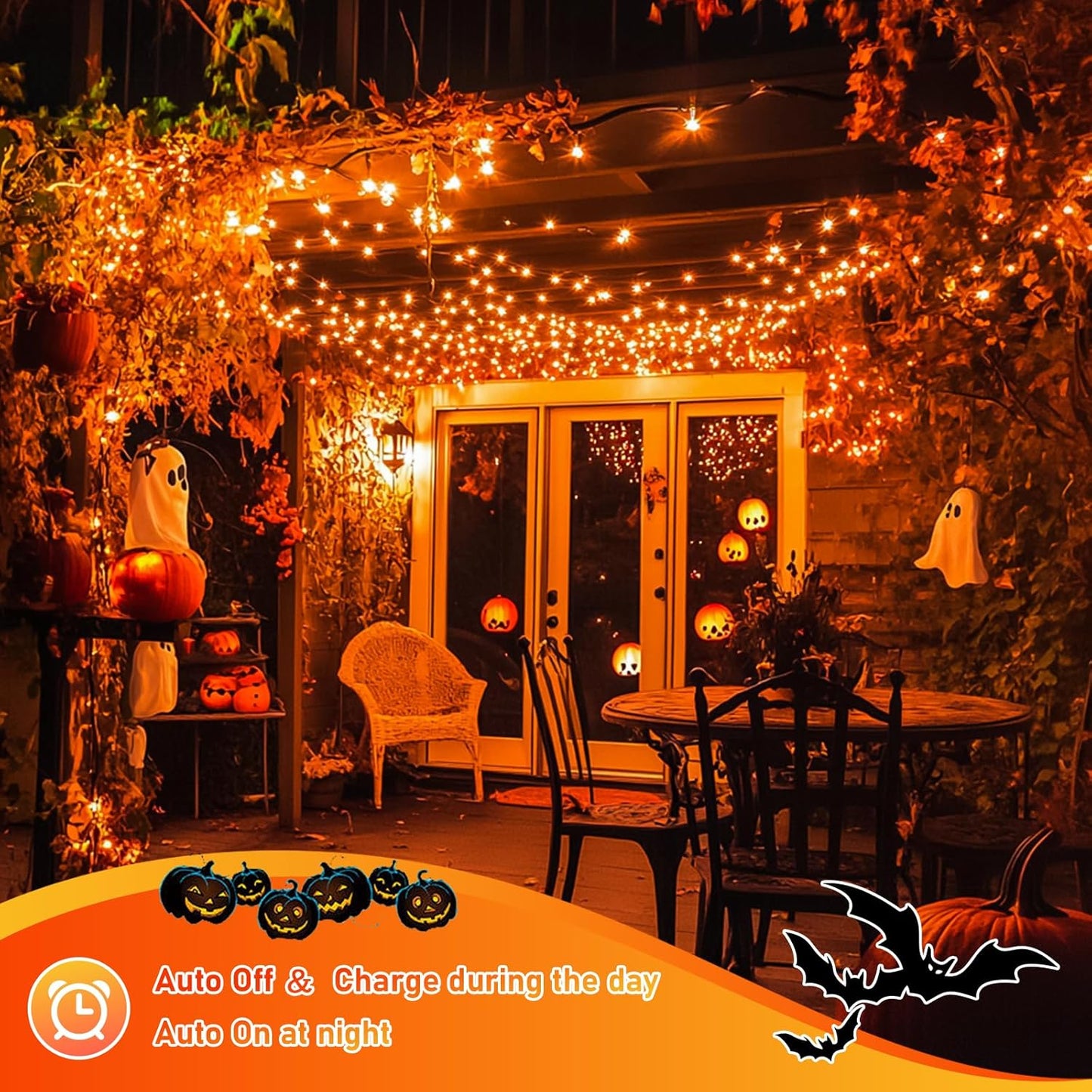 Solar Halloween Decoration Lights, JMEXSUSS 2 Pack 33FT 100 LED Orange and Purple Halloween String Lights, Halloween Lights with 8 Modes for Halloween Tree Yard Outdoor Spooky Party Garden Decorations