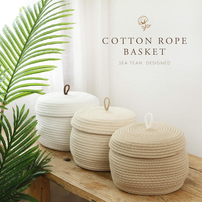 Sea Team Round Cotton Rope Storage Basket with Lid, Decorative Woven Storage Bin, Pot, Caddy, Organizer, Container for Snacks, Towels, Plants (Grey, Small)