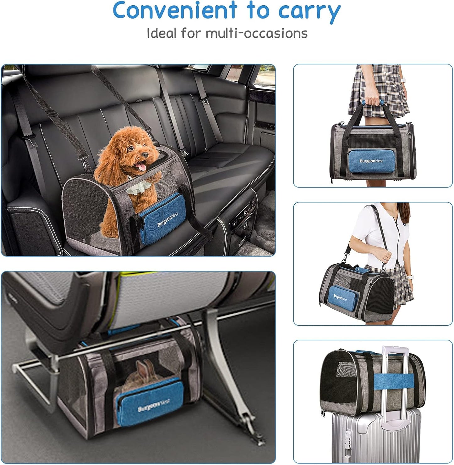 BurgeonNest Cat Carriers for Medium Cats Under 25 lbs, Pet Carrier for Cats with Unique Side Bag,Top Load Small Pet Carrier Soft-Sided Escape Proof with 4 Ventilated Windows