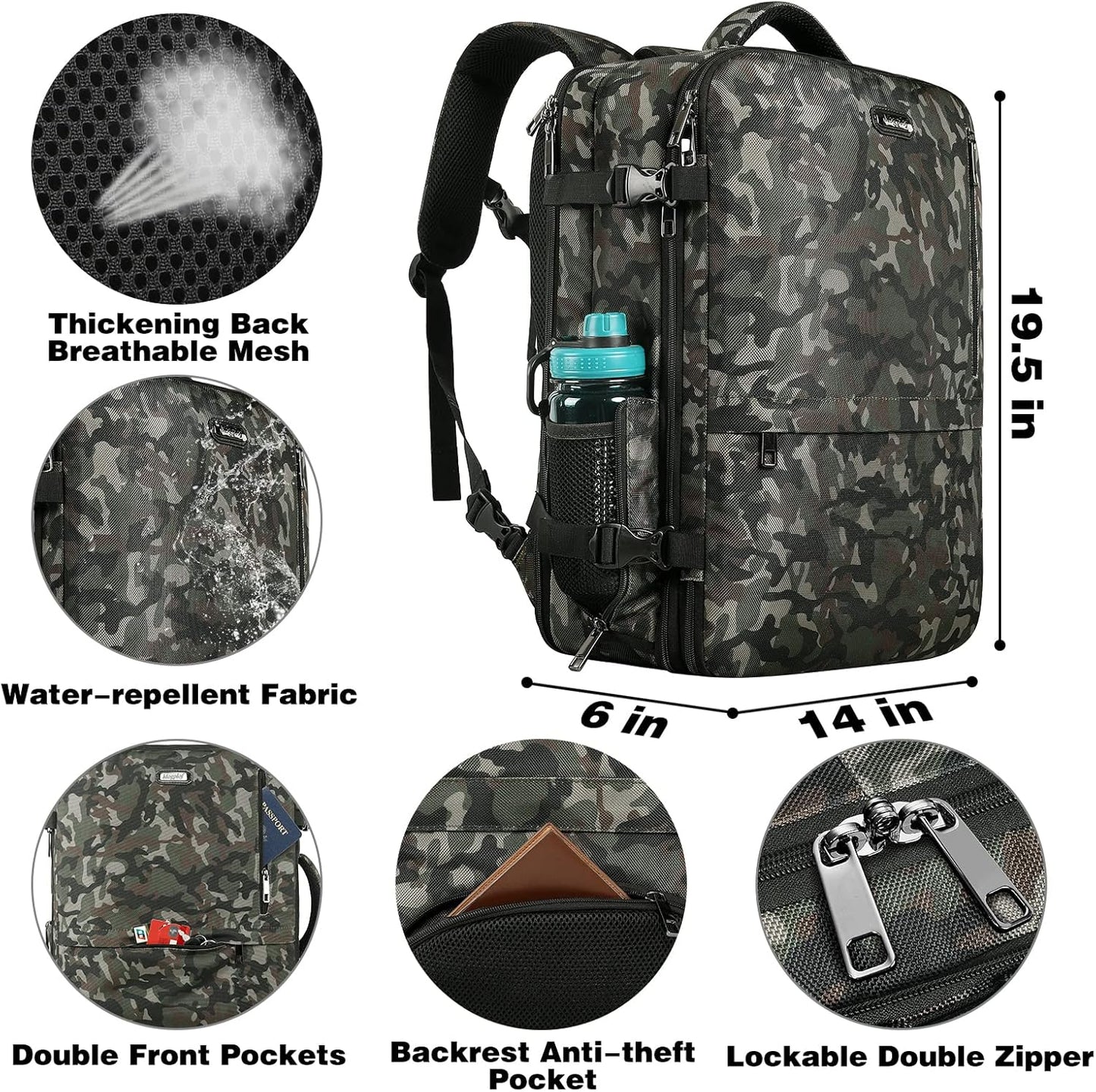 Mogplof Carry on Backpack, Airline Flight Approved Travel Backpack for Men, WOmen 40L Extra Large Expandable Water Resistant Backpack Lightweight Daypack Perfect Fit for 17 17.3 Inch Laptop, Black