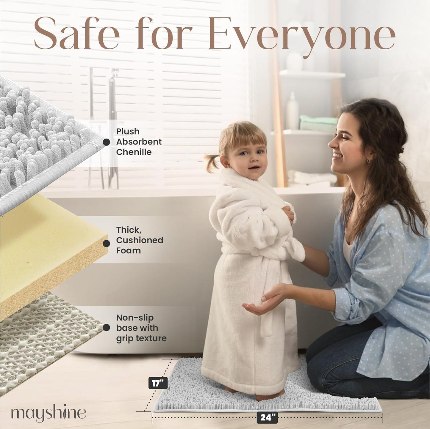 Soft Plush Chenille Bathroom Rug, Absorbent Microfiber Bath Mat, Machine Washable, Non-Slip Grip, Quick-Dry, Thick Shag Carpet Great for Bath, Shower Floor, Bedroom, or Door Mat (Beige, 17x24)