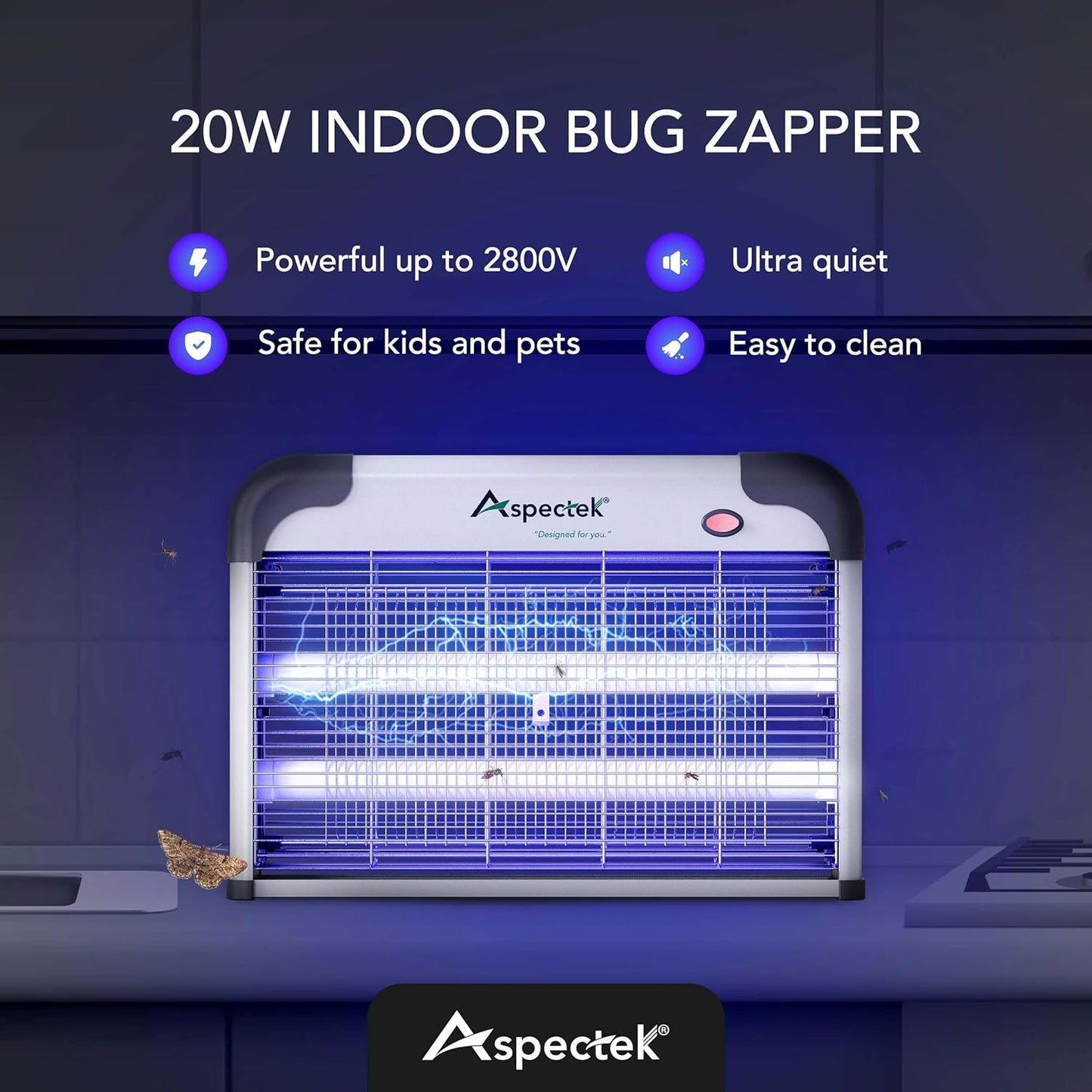 ASPECTEK 20W Electric Indoor Bug Zapper with Extra UV Bulbs – Mosquito and Fly Zapper for Kitchens, Bedrooms, Living Rooms, and Covered Spaces