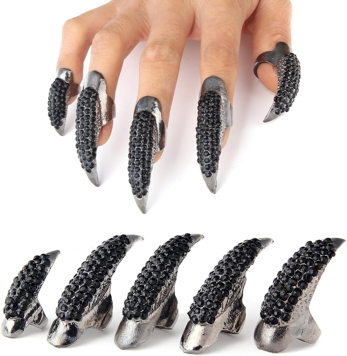 Bestga 10 PCS Halloween Costume Claws Fake Nails Ring Set, Gothic Punk 3 Sizes Crystal Full Finger Rings Paved Paw Bend Fingertip Fingernail Claw Girls Women Men Ring False Easy Long Nails (Black)
