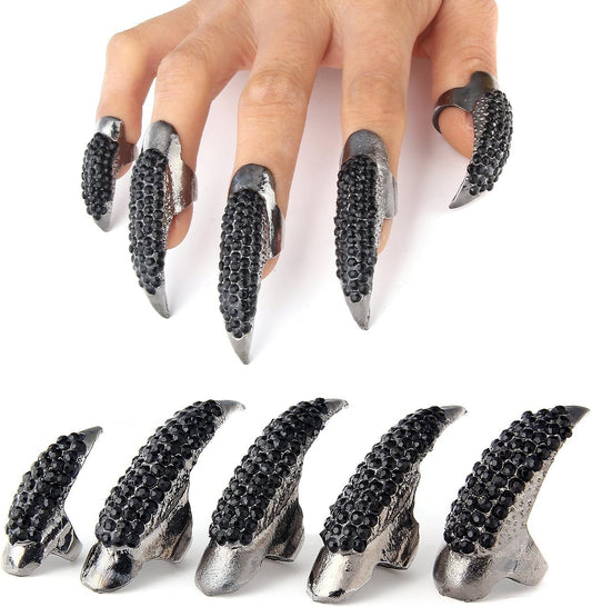 Bestga 10 PCS Halloween Costume Claws Fake Nails Ring Set, Gothic Punk 3 Sizes Crystal Full Finger Rings Paved Paw Bend Fingertip Fingernail Claw Girls Women Men Ring False Easy Long Nails (Black)