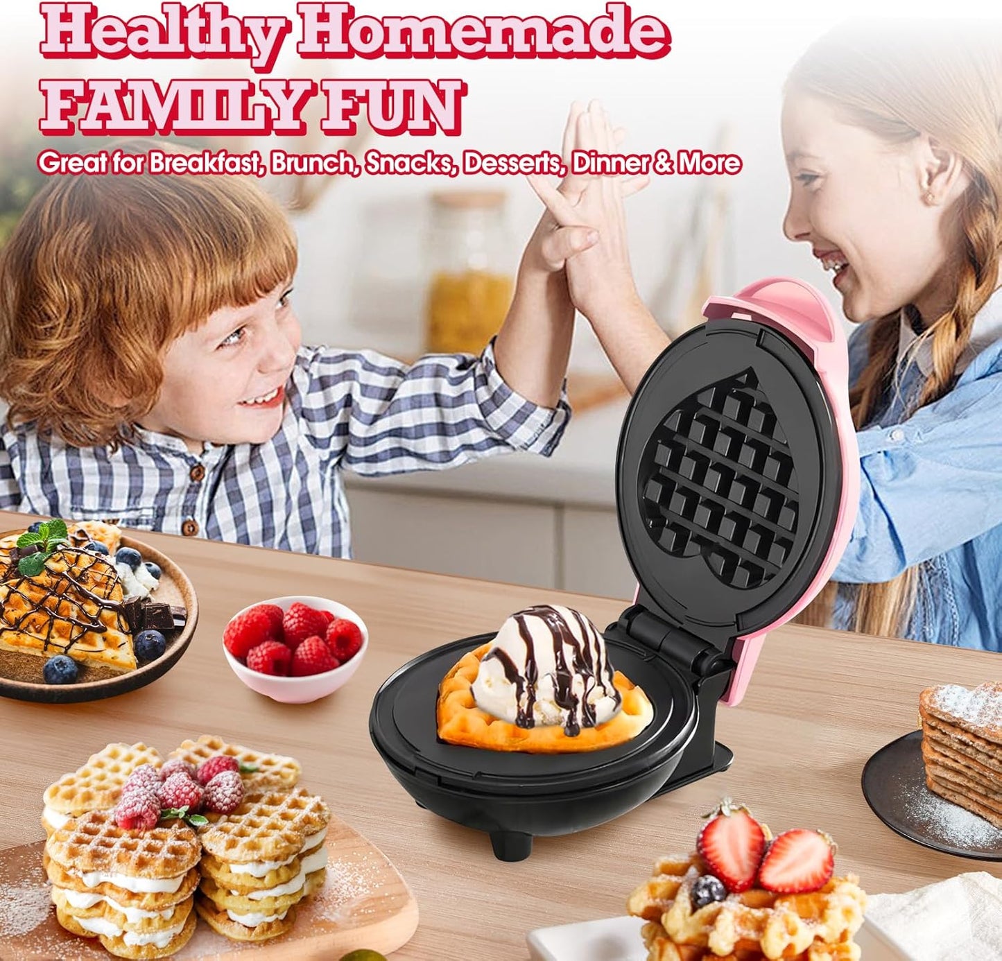 GVAKMM Mini Waffle Maker(Heart),Small Waffle Maker Keto,Mini Wafflera Iron for Kids Family and Individuals,4'' Non Stick Cooking Plates with Fast & Even Heating(Pink)