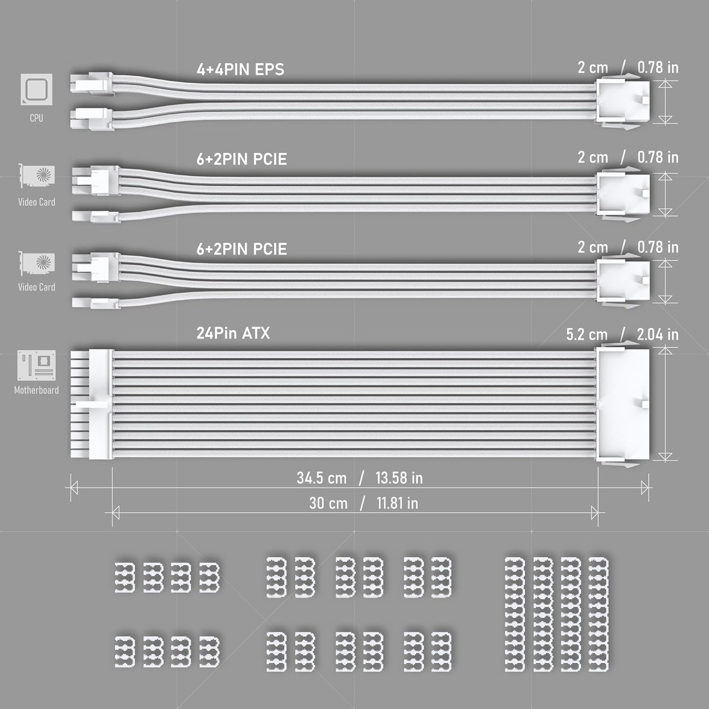 EZDIY-FAB PSU Extension Cable Sleeved Custom Mod PC Power Supply Cable, Soft Nylon Braided with Comb Kit 24PIN/8PIN to 6+2Pin/ 8PIN to 4+4PIN-30CM 300MM - All White Edition