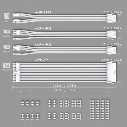EZDIY-FAB PSU Extension Cable Sleeved Custom Mod PC Power Supply Cable, Soft Nylon Braided with Comb Kit 24PIN/8PIN to 6+2Pin/ 8PIN to 4+4PIN-30CM 300MM - All White Edition