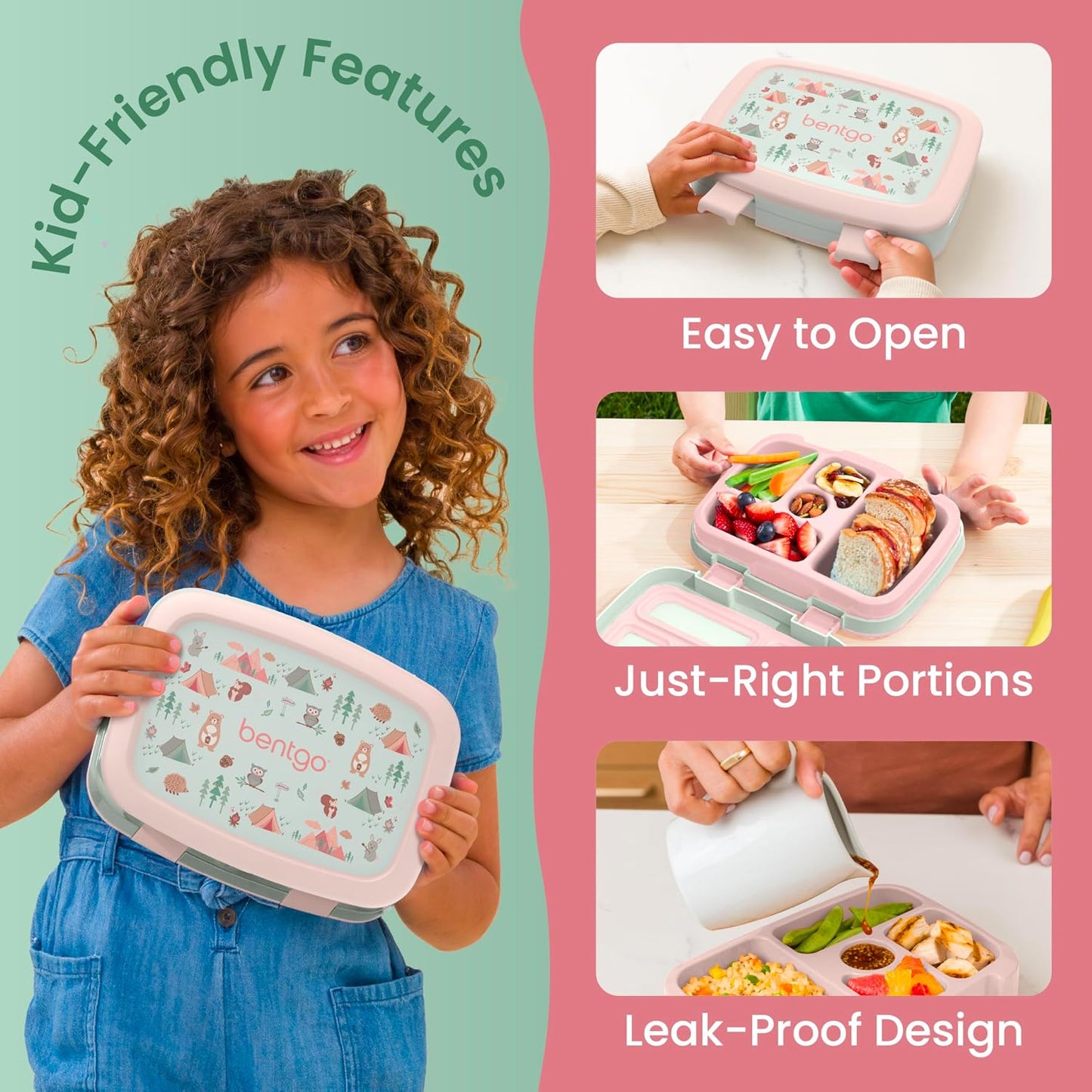 Bentgo Kids Prints Leak-Proof, 5-Compartment Bento-Style Kids Lunch Box - Ideal Portion Sizes for Ages 3-7, Durable, Drop-Proof, Dishwasher Safe, & Made with BPA-Free Materials (Nature Adventure)