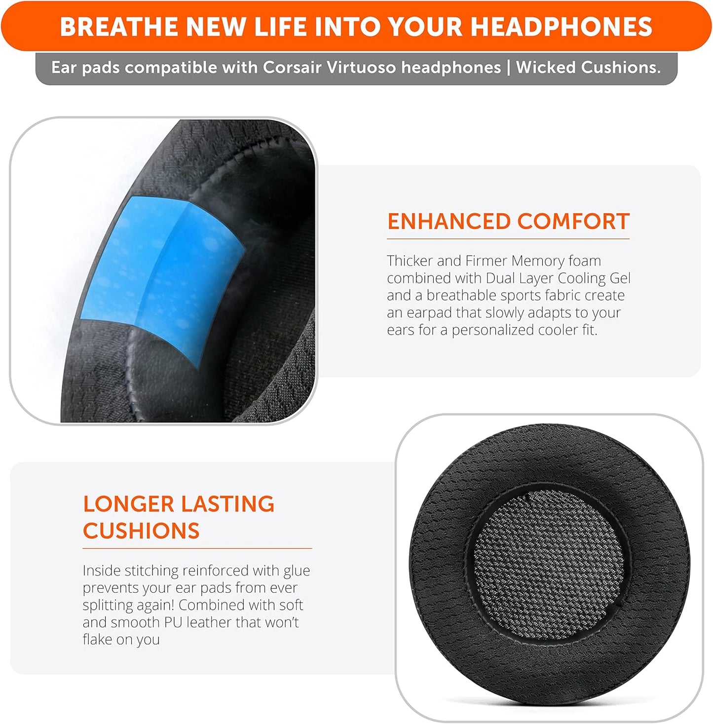 WC Freeze Virtuoso - Hybrid Fabric Cooling Gel Replacement Earpads for Corsair Virtuoso Gaming Headset, Made by Wicked Cushions, Improved Durability, Thickness and Sound Isolation |90s Black