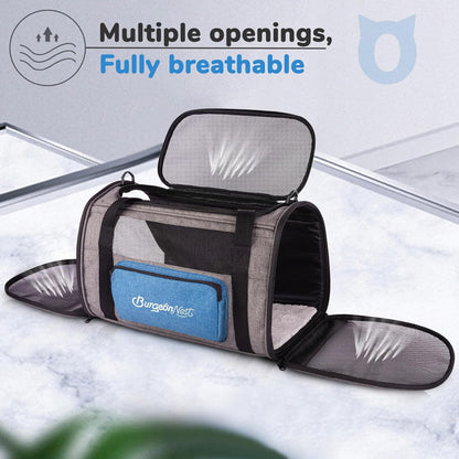 BurgeonNest Cat Carriers for Medium Cats Under 25 lbs, Pet Carrier for Cats with Unique Side Bag,Top Load Small Pet Carrier Soft-Sided Escape Proof with 4 Ventilated Windows
