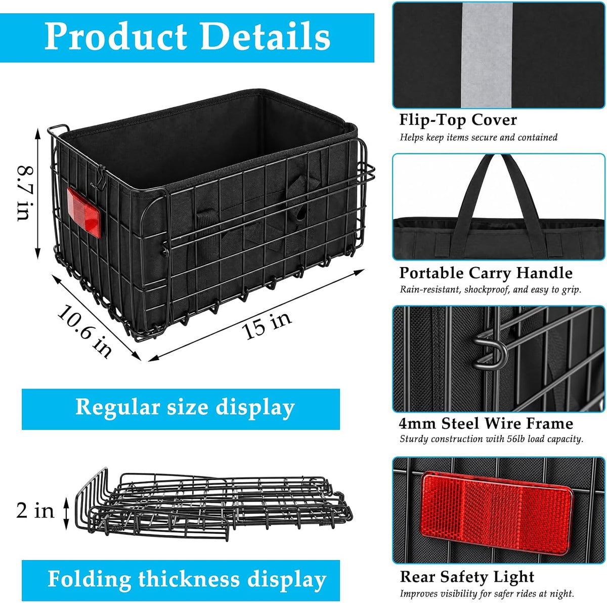 15 Inch Bike Basket Rear, Folding Metal Basket with Liner and Cover