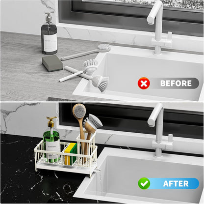 Cisily Sponge Holder for Kitchen Sink, Sink Caddy with High Brush Holder, Organzier Rustproof 304 Stainless Steel Dish Organizer Divider, Soap Dispenser Storage (Black)