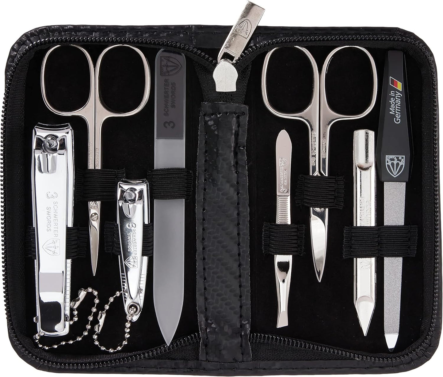 3 Swords Germany - brand quality 8 piece manicure pedicure grooming kit set for professional finger & toe nail care scissors clipper fashion leather case camou in gift box, Made in Germany