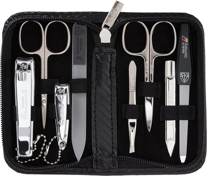 3 Swords Germany - brand quality 8 piece manicure pedicure grooming kit set for professional finger & toe nail care scissors clipper fashion leather case camou in gift box, Made in Germany