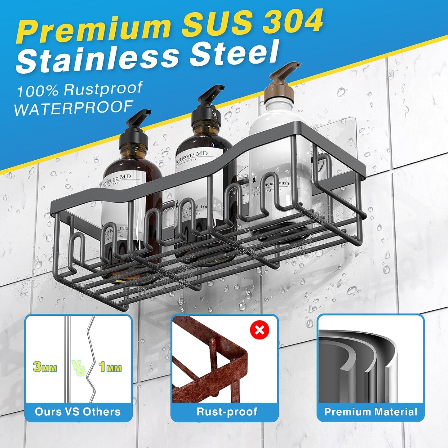 EUDELE 5-Pack Rustproof Stainless Steel Shower Caddy – No Drill Adhesive Bathroom Organizer with Large Capacity, Spacious Shower Shelves for Inside Shower, Kitchen & Home Decor Storage