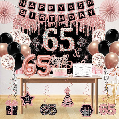 40th Birthday Decorations for Women,32pcs 40th Birthday Party Decorations,Including Backdrop, Crown,Sash,banner, Hanging Swirl,Cake Topper,balloons,Paper Fans,Anniversary Card and paper fans