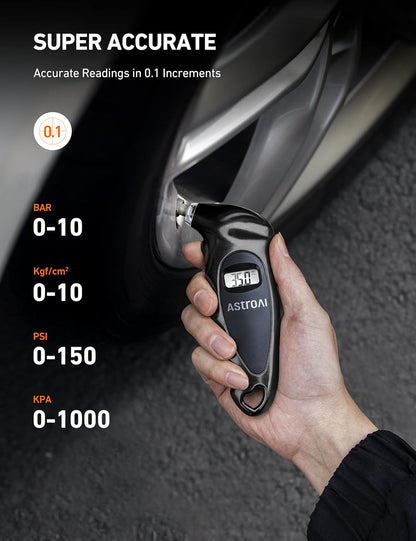 AstroAI Digital Tire Pressure Gauge with Replaceable AAA Batteries, 150 PSI 4 Settings Industrial Tire Gauge for Car Truck Bicycle Backlit LCD Non-Slip Grip Car Accessories(Black)