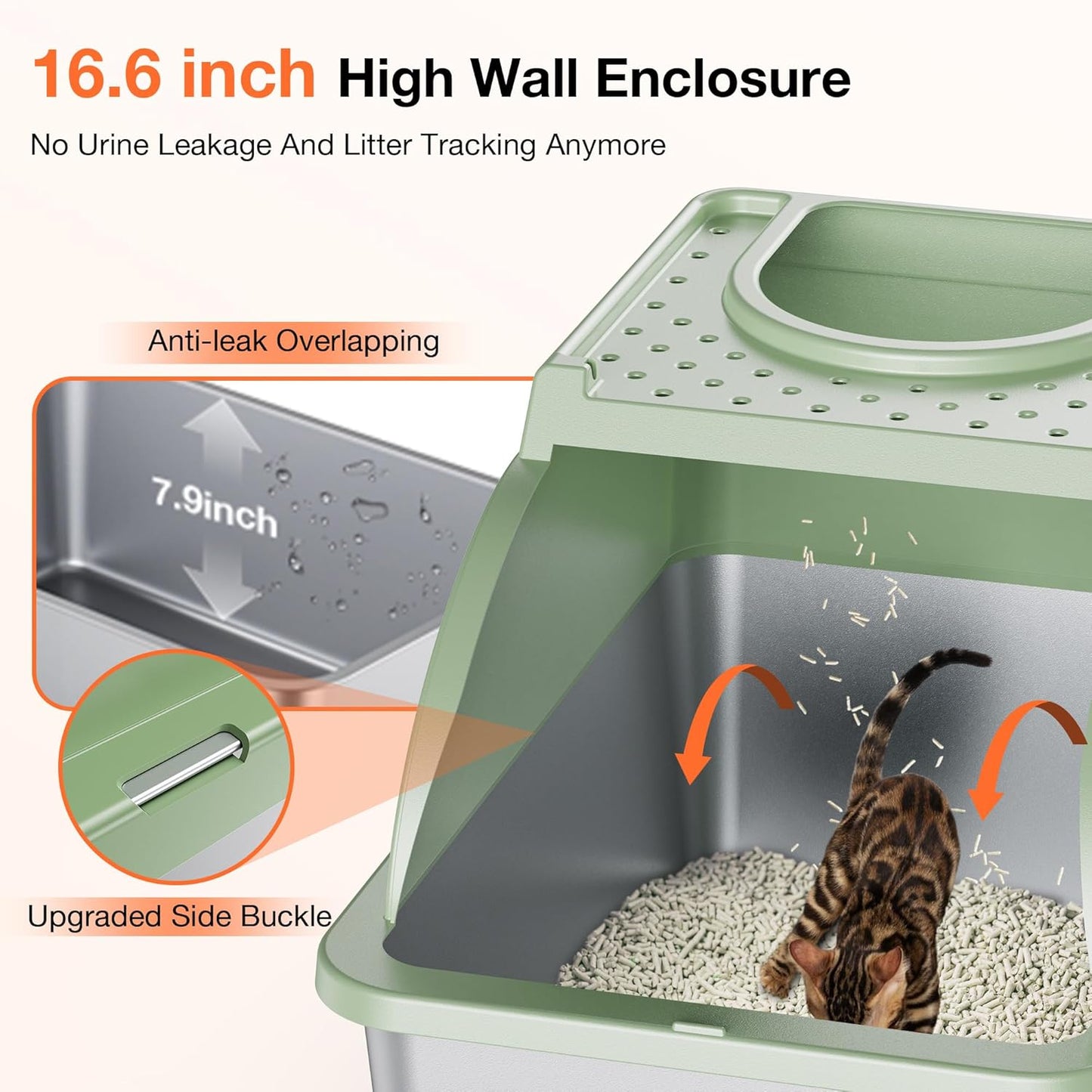 Stainless Steel Litter Box, XXL Large Metal Covered Litter Boxes, Dual Entrance Detachable Cat Litter Box with Lid, 16.6'' High Wall Urine Leak Prevention with Cat Litter Scoop (Gray)
