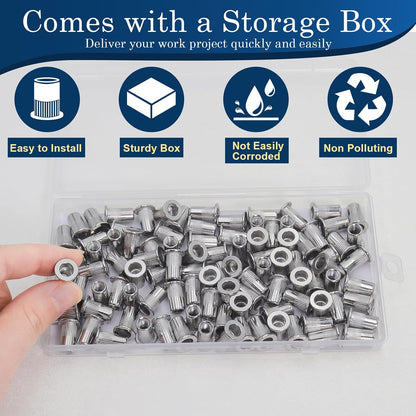 Vifmy Metric & SAE Rivet Nut Assortment Kit(420 Pcs),m3 m4 m5 m6 m8 m10 m12#6-32#8-32#10-24 1/4"-20 5/16"-18 3/8"-16 UNC Flat Head Rivnut Set,Zinc Plated Finish Carbon Steel Nutsert