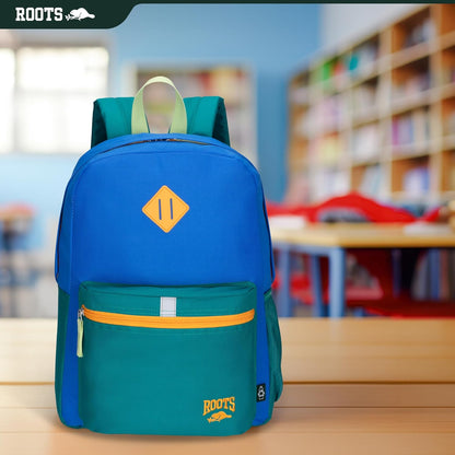 Roots Kids Lightweight Backpack — Made from 100% Recycled Fabrics with Rain Flap, Bottle Pocket, Reflective Accent, and Back Padding — 22.5 litres, Pink & Purple