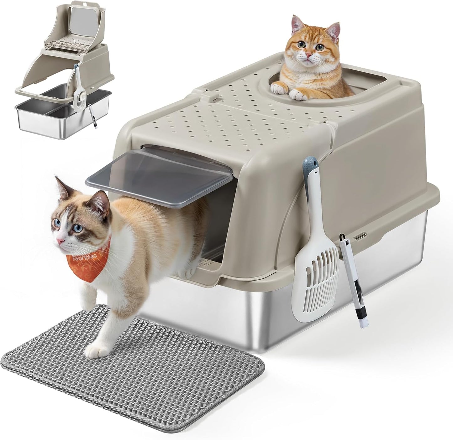 Feandrea Stainless Steel Cat Litter Box with Flip Lid, XL Enclosed Litter Box for Cats up to 15 kg, with Leak-Proof Design, Scoop, Brush, Dual Entry, Cappuccino Beige UPPT005K01