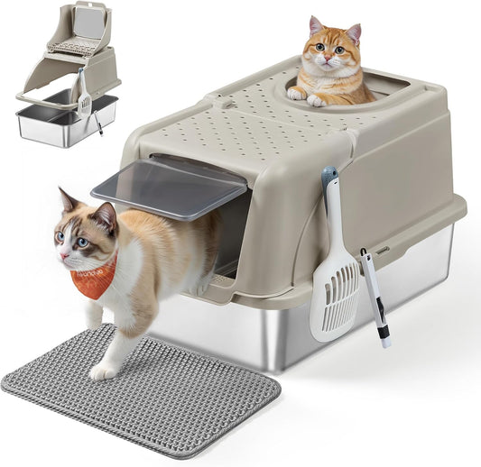 Feandrea Stainless Steel Cat Litter Box with Flip Lid, XL Enclosed Litter Box for Cats up to 15 kg, with Leak-Proof Design, Scoop, Brush, Dual Entry, Cappuccino Beige UPPT005K01