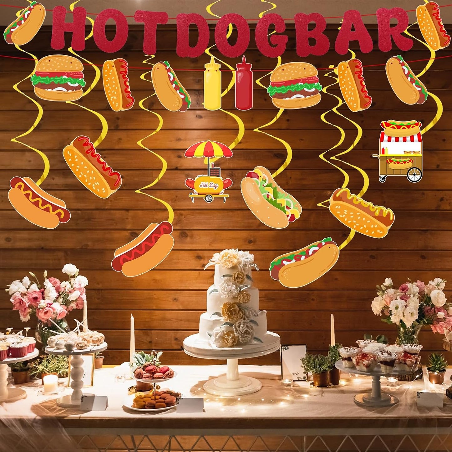 10Pcs Hot Dog Party Decorations - Hot Dog Bar Supplies Include 2 Hotdog Banners and 8 Swirl Decorations Hanging for Birthday Party, Hot Dog Food Party Decor Supplies Gold Red